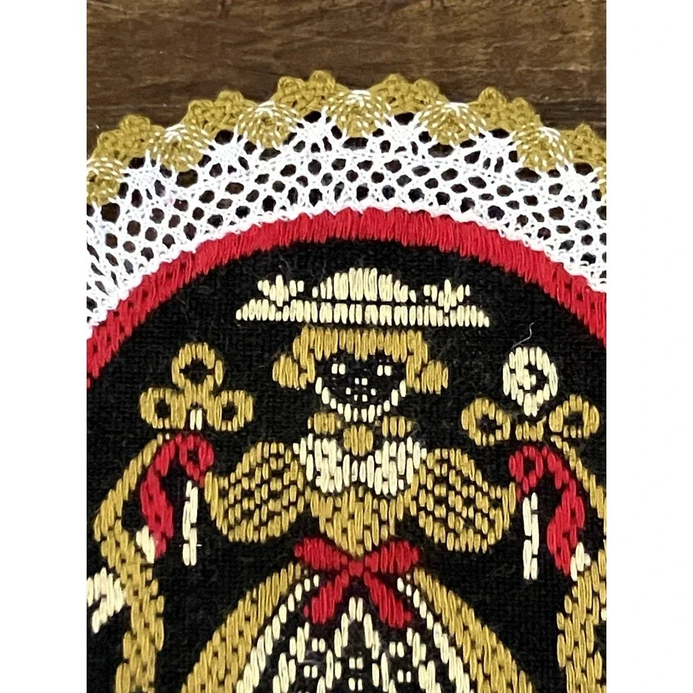 Vintage Austrian Needlepoint Doily Girl Folk Art Lace Edge Hand Embroidered 5